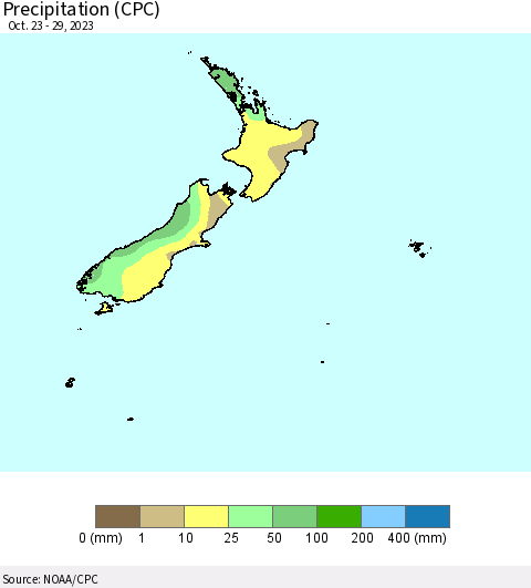 New Zealand Precipitation (CPC) Thematic Map For 10/23/2023 - 10/29/2023