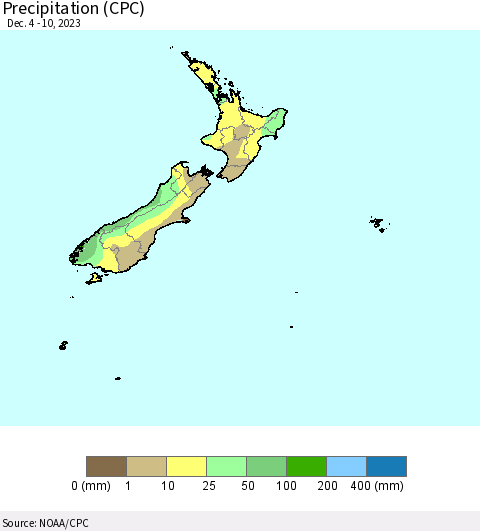 New Zealand Precipitation (CPC) Thematic Map For 12/4/2023 - 12/10/2023