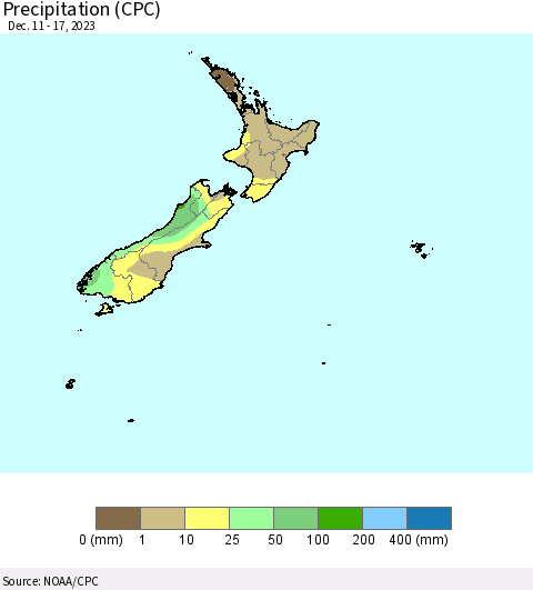 New Zealand Precipitation (CPC) Thematic Map For 12/11/2023 - 12/17/2023