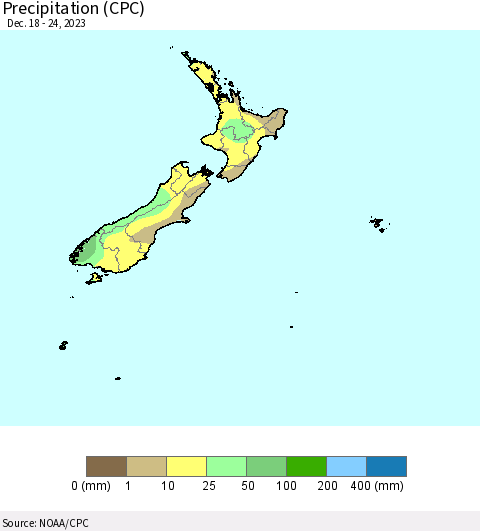 New Zealand Precipitation (CPC) Thematic Map For 12/18/2023 - 12/24/2023