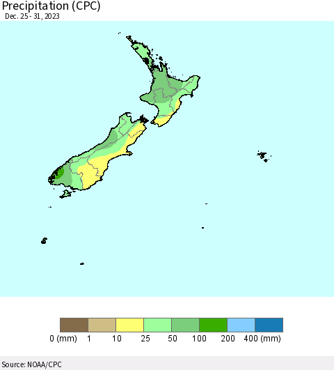 New Zealand Precipitation (CPC) Thematic Map For 12/25/2023 - 12/31/2023