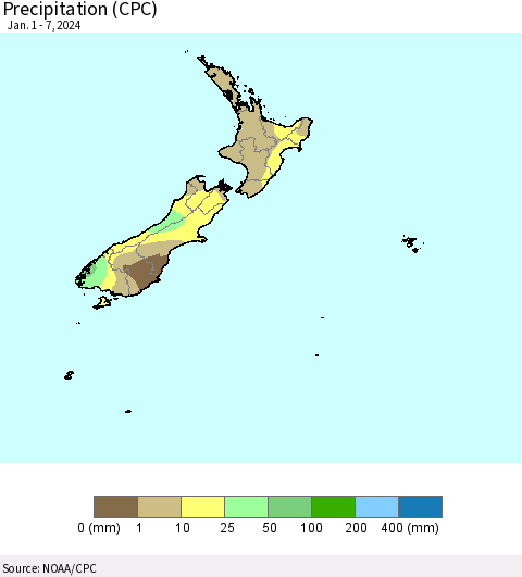 New Zealand Precipitation (CPC) Thematic Map For 1/1/2024 - 1/7/2024