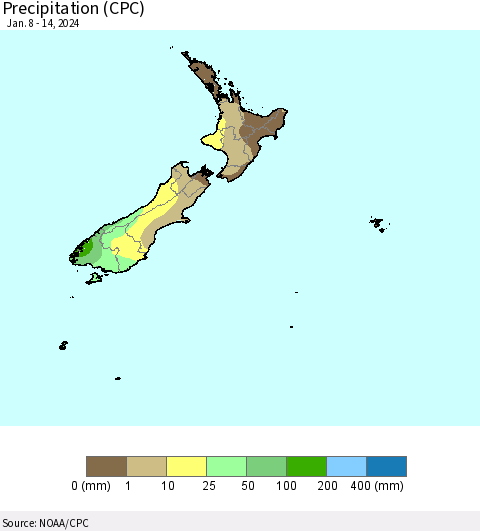 New Zealand Precipitation (CPC) Thematic Map For 1/8/2024 - 1/14/2024