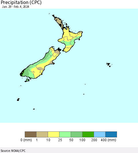 New Zealand Precipitation (CPC) Thematic Map For 1/29/2024 - 2/4/2024