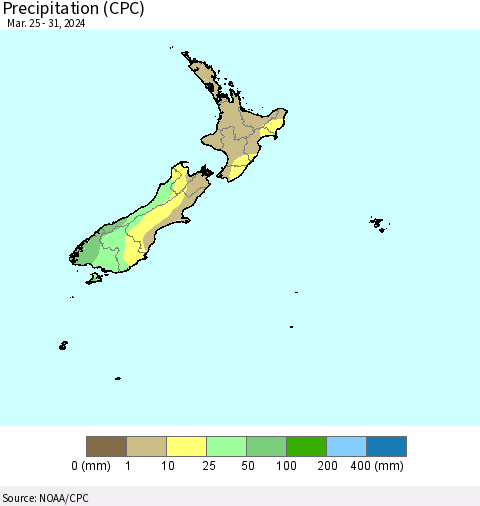New Zealand Precipitation (CPC) Thematic Map For 3/25/2024 - 3/31/2024