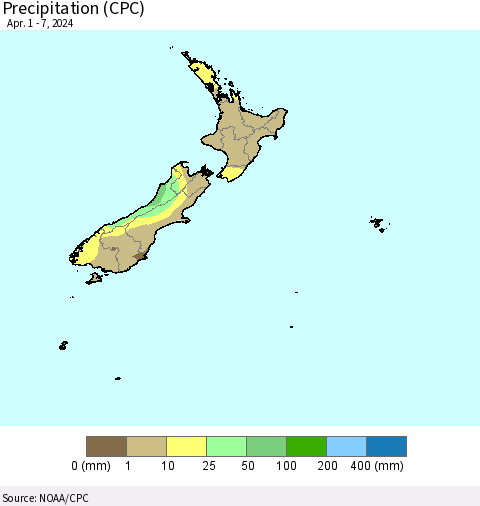 New Zealand Precipitation (CPC) Thematic Map For 4/1/2024 - 4/7/2024