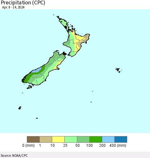 New Zealand Precipitation (CPC) Thematic Map For 4/8/2024 - 4/14/2024