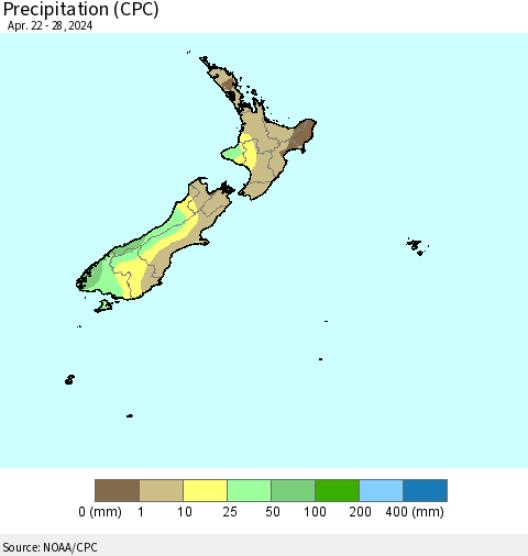 New Zealand Precipitation (CPC) Thematic Map For 4/22/2024 - 4/28/2024