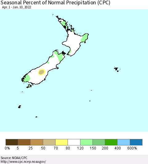 New Zealand Seasonal Percent of Normal Precipitation (CPC) Thematic Map For 4/1/2021 - 1/10/2022