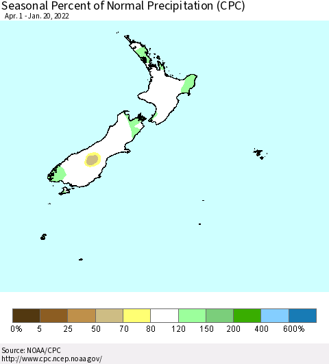New Zealand Seasonal Percent of Normal Precipitation (CPC) Thematic Map For 4/1/2021 - 1/20/2022