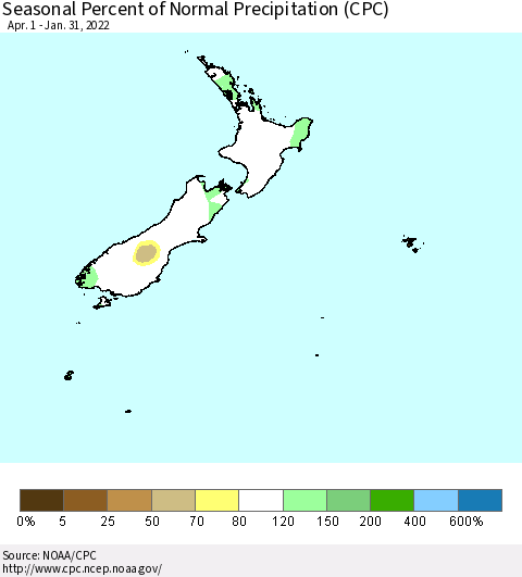 New Zealand Seasonal Percent of Normal Precipitation (CPC) Thematic Map For 4/1/2021 - 1/31/2022