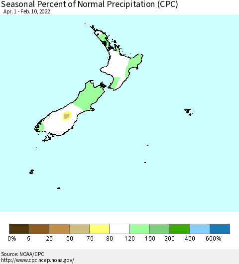 New Zealand Seasonal Percent of Normal Precipitation (CPC) Thematic Map For 4/1/2021 - 2/10/2022