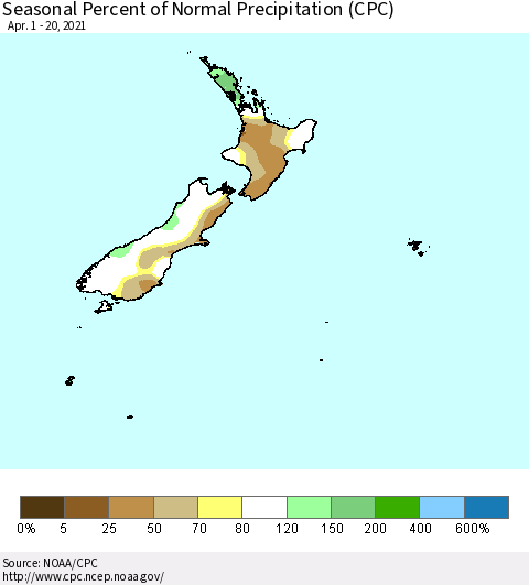 New Zealand Seasonal Percent of Normal Precipitation (CPC) Thematic Map For 4/1/2021 - 4/20/2021