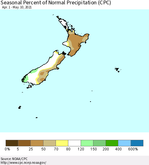 New Zealand Seasonal Percent of Normal Precipitation (CPC) Thematic Map For 4/1/2021 - 5/10/2021