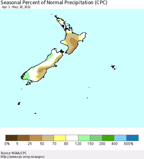 New Zealand Seasonal Percent of Normal Precipitation (CPC) Thematic Map For 4/1/2021 - 5/20/2021