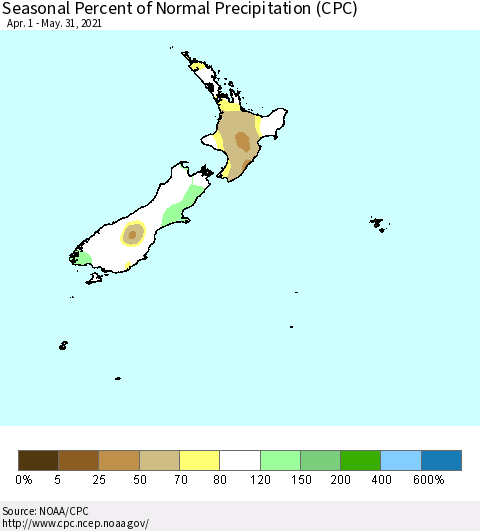 New Zealand Seasonal Percent of Normal Precipitation (CPC) Thematic Map For 4/1/2021 - 5/31/2021