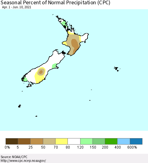 New Zealand Seasonal Percent of Normal Precipitation (CPC) Thematic Map For 4/1/2021 - 6/10/2021