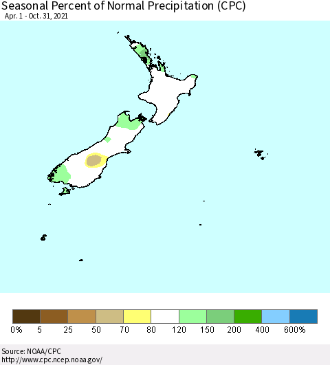 New Zealand Seasonal Percent of Normal Precipitation (CPC) Thematic Map For 4/1/2021 - 10/31/2021