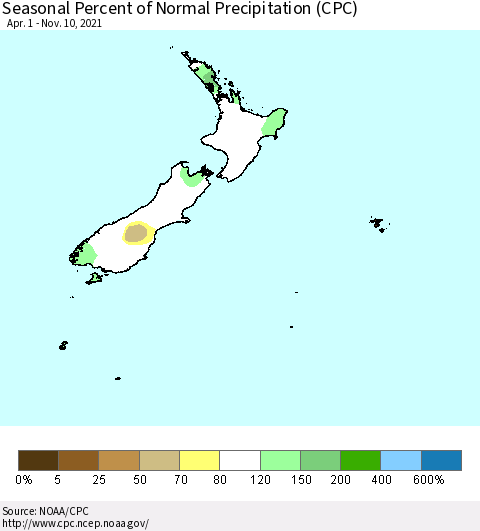 New Zealand Seasonal Percent of Normal Precipitation (CPC) Thematic Map For 4/1/2021 - 11/10/2021