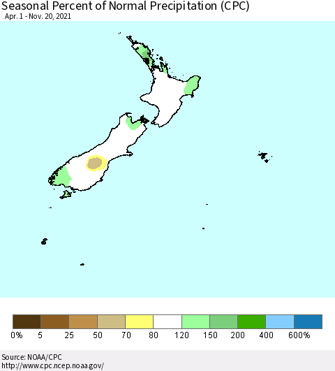 New Zealand Seasonal Percent of Normal Precipitation (CPC) Thematic Map For 4/1/2021 - 11/20/2021