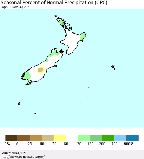 New Zealand Seasonal Percent of Normal Precipitation (CPC) Thematic Map For 4/1/2021 - 11/30/2021