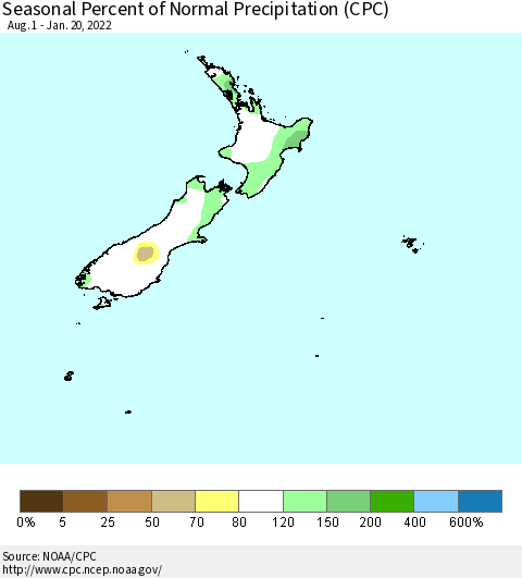 New Zealand Seasonal Percent of Normal Precipitation (CPC) Thematic Map For 8/1/2021 - 1/20/2022