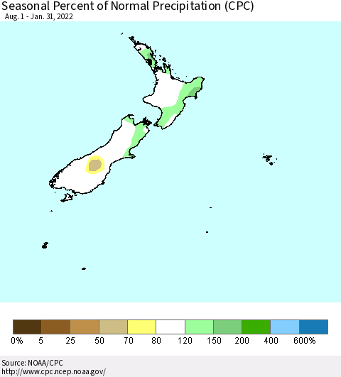 New Zealand Seasonal Percent of Normal Precipitation (CPC) Thematic Map For 8/1/2021 - 1/31/2022
