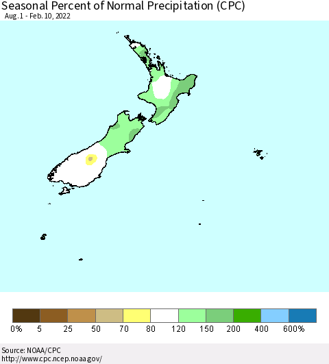 New Zealand Seasonal Percent of Normal Precipitation (CPC) Thematic Map For 8/1/2021 - 2/10/2022