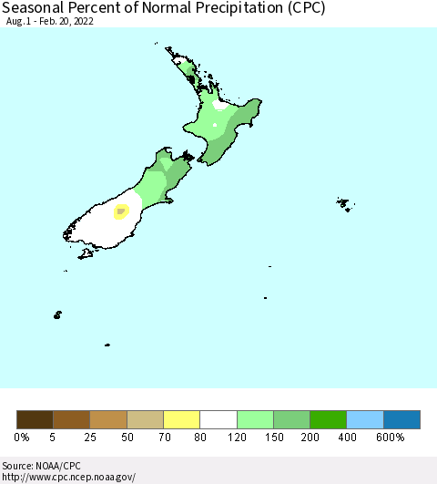 New Zealand Seasonal Percent of Normal Precipitation (CPC) Thematic Map For 8/1/2021 - 2/20/2022