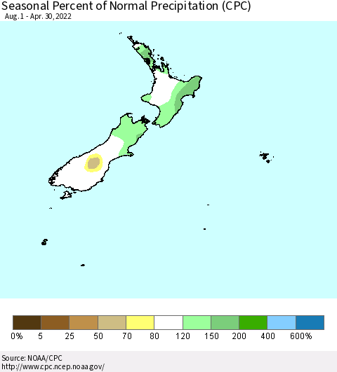 New Zealand Seasonal Percent of Normal Precipitation (CPC) Thematic Map For 8/1/2021 - 4/30/2022
