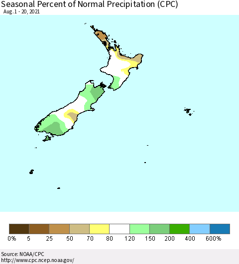 New Zealand Seasonal Percent of Normal Precipitation (CPC) Thematic Map For 8/1/2021 - 8/20/2021