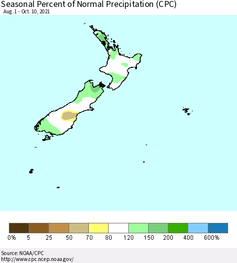 New Zealand Seasonal Percent of Normal Precipitation (CPC) Thematic Map For 8/1/2021 - 10/10/2021