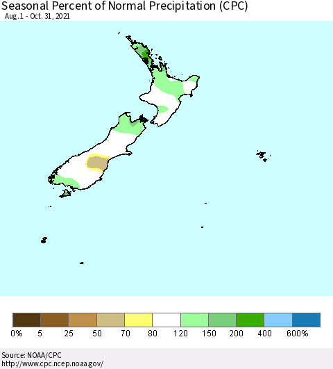 New Zealand Seasonal Percent of Normal Precipitation (CPC) Thematic Map For 8/1/2021 - 10/31/2021