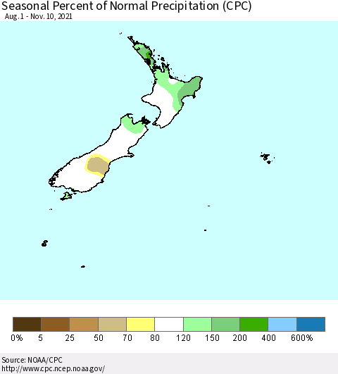New Zealand Seasonal Percent of Normal Precipitation (CPC) Thematic Map For 8/1/2021 - 11/10/2021