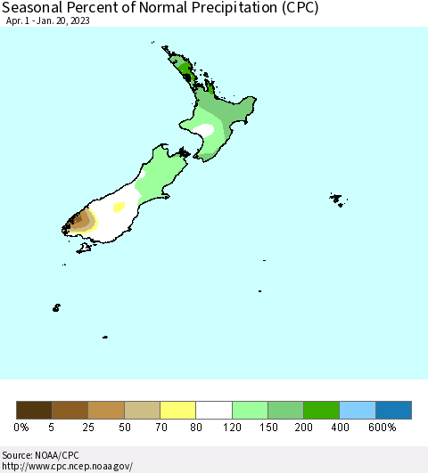 New Zealand Seasonal Percent of Normal Precipitation (CPC) Thematic Map For 4/1/2022 - 1/20/2023
