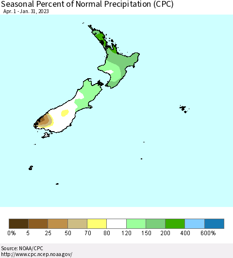 New Zealand Seasonal Percent of Normal Precipitation (CPC) Thematic Map For 4/1/2022 - 1/31/2023