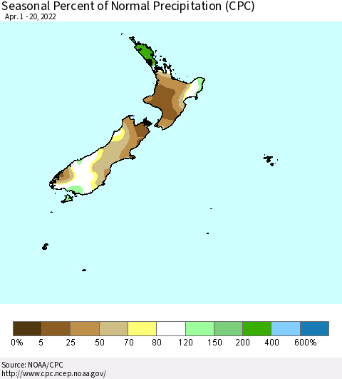 New Zealand Seasonal Percent of Normal Precipitation (CPC) Thematic Map For 4/1/2022 - 4/20/2022