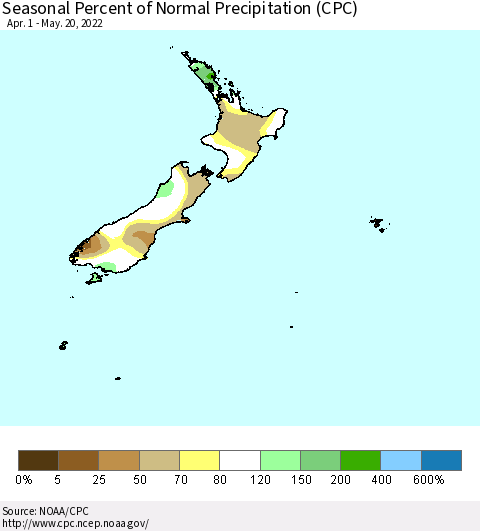 New Zealand Seasonal Percent of Normal Precipitation (CPC) Thematic Map For 4/1/2022 - 5/20/2022