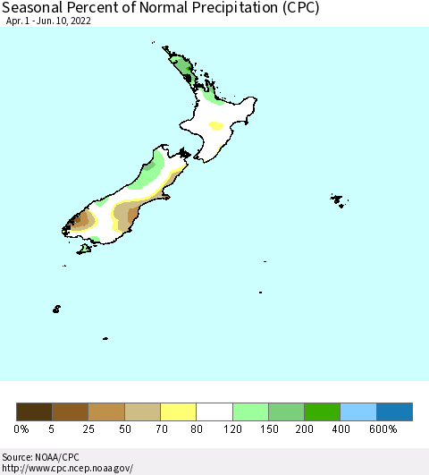 New Zealand Seasonal Percent of Normal Precipitation (CPC) Thematic Map For 4/1/2022 - 6/10/2022