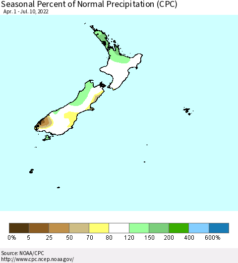 New Zealand Seasonal Percent of Normal Precipitation (CPC) Thematic Map For 4/1/2022 - 7/10/2022