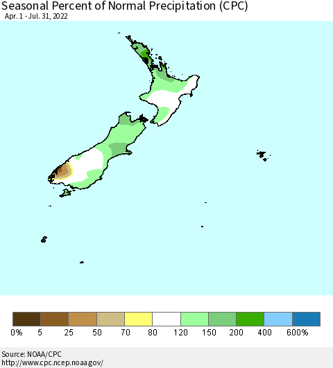 New Zealand Seasonal Percent of Normal Precipitation (CPC) Thematic Map For 4/1/2022 - 7/31/2022