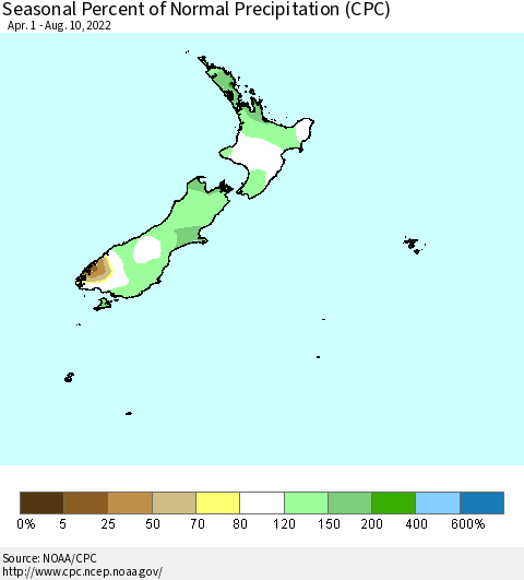New Zealand Seasonal Percent of Normal Precipitation (CPC) Thematic Map For 4/1/2022 - 8/10/2022