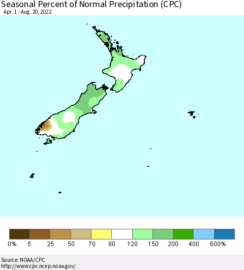 New Zealand Seasonal Percent of Normal Precipitation (CPC) Thematic Map For 4/1/2022 - 8/20/2022