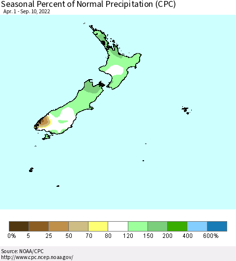 New Zealand Seasonal Percent of Normal Precipitation (CPC) Thematic Map For 4/1/2022 - 9/10/2022