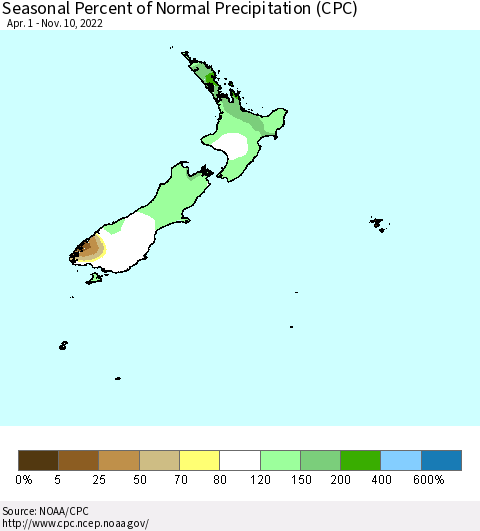 New Zealand Seasonal Percent of Normal Precipitation (CPC) Thematic Map For 4/1/2022 - 11/10/2022