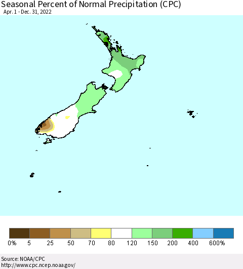 New Zealand Seasonal Percent of Normal Precipitation (CPC) Thematic Map For 4/1/2022 - 12/31/2022