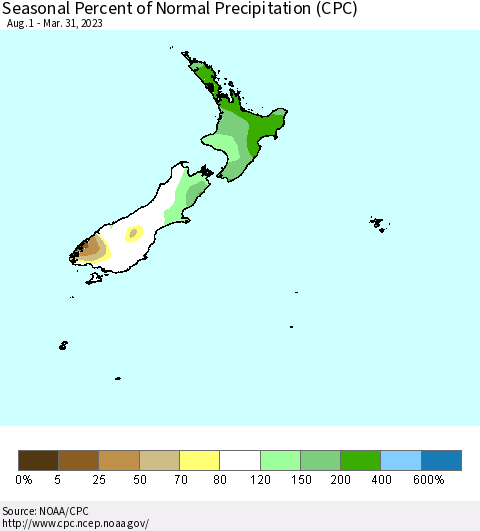New Zealand Seasonal Percent of Normal Precipitation (CPC) Thematic Map For 8/1/2022 - 3/31/2023