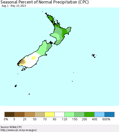 New Zealand Seasonal Percent of Normal Precipitation (CPC) Thematic Map For 8/1/2022 - 5/10/2023