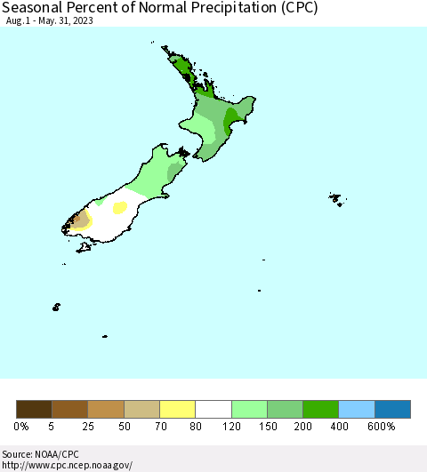 New Zealand Seasonal Percent of Normal Precipitation (CPC) Thematic Map For 8/1/2022 - 5/31/2023