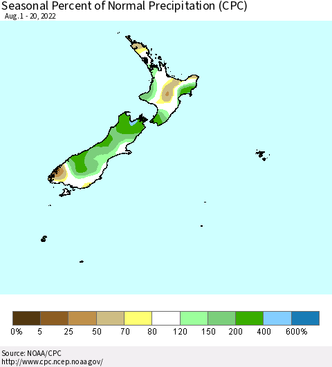 New Zealand Seasonal Percent of Normal Precipitation (CPC) Thematic Map For 8/1/2022 - 8/20/2022